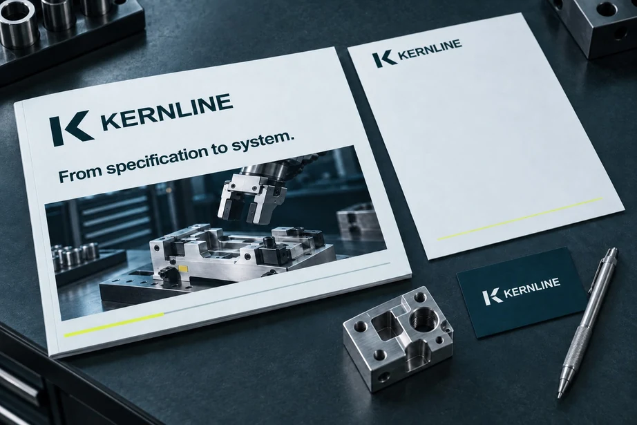 KERNLINE concept brochure, letterhead and business card arranged on a technical work surface.