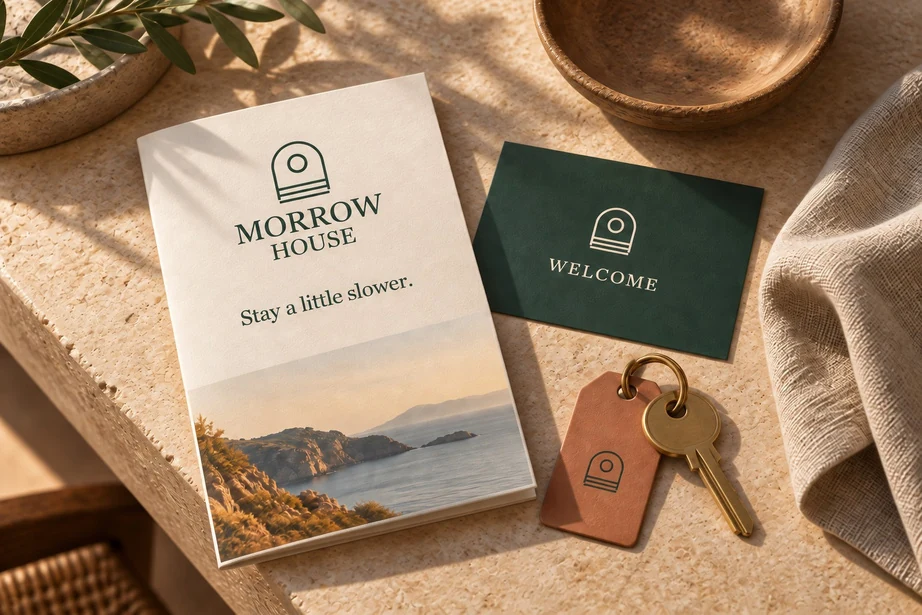 Morrow House concept brochure, welcome card and room key arranged with natural materials.