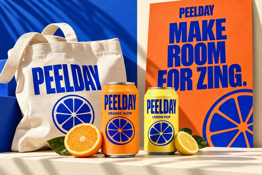 PEELDAY concept cans, campaign poster and branded tote in a vivid citrus colour palette.